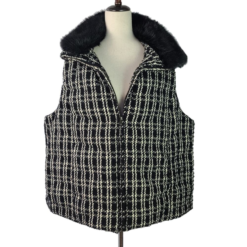 Talbots Black White Down Faux Fur Removeable Collar Vest NEW 3 X Plus Petite